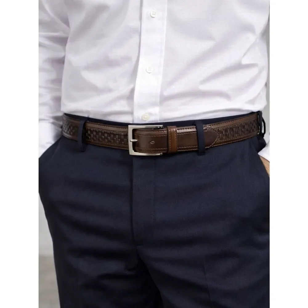 Paul Fredrick Brown Woven Leather Belt Made in Italy Silver Buckle Size 46